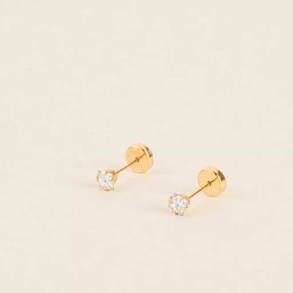 Aros Abridores Circón Cuadrado 3mm Oro 18k Bebé