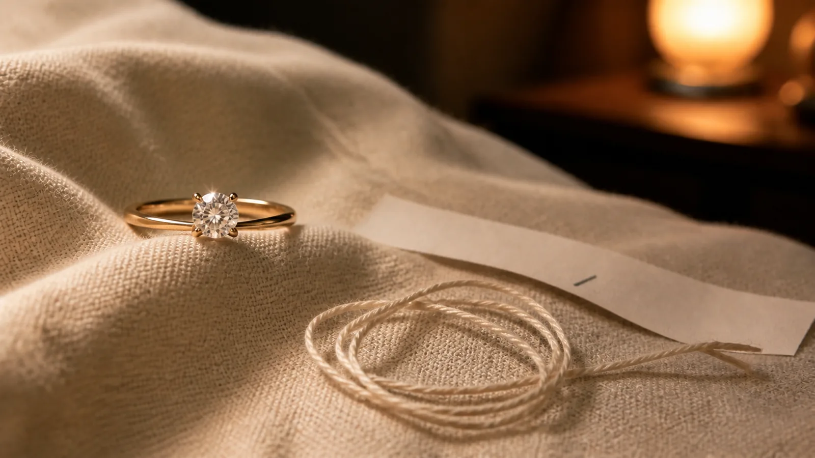 Anillo de compromiso de oro con un hilo y una tira de papel para medir la talla en secreto