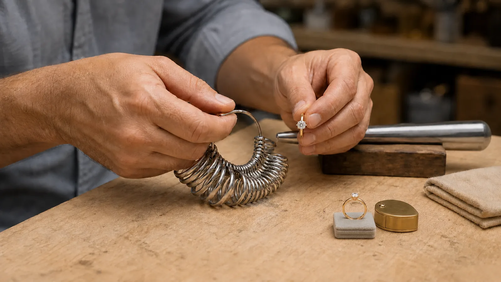 Joyero de Joyas Premium midiendo la talla de un anillo de compromiso con anilleros y mandril